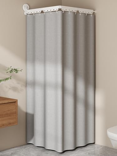 Faltbarer Duschvorhang Leinen Wasserdicht Schimmelresistent mit Einziehbare Duschvorhangstange L/U Form Ecke - Ohne Bohren, Shower Curtain Rod für Badewanne(D-Light gray,129 cm/50.8 in) von APMOE