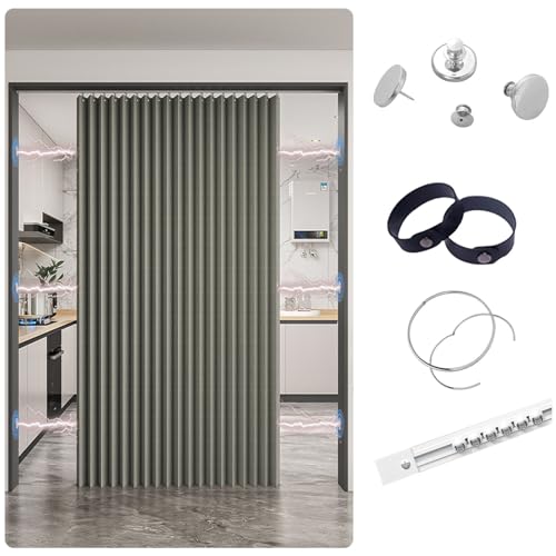 Türvorhang Kein Bohren, Verdunkelungsvorhang für Fenster und Türen Zu Hause mit Gleitschienen Sichtschutzvorhang, Schrank Vorhang Zum Schieben Staubdichter Vorhang für Regale(Magnetic gray,80x180cm) von APMOE