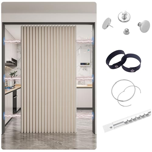 Türvorhang Kein Bohren, Verdunkelungsvorhang für Fenster und Türen Zu Hause mit Gleitschienen Sichtschutzvorhang, Schrank Vorhang Zum Schieben Staubdichter Vorhang für Regale(Magnetic Beige,80x240cm) von APMOE
