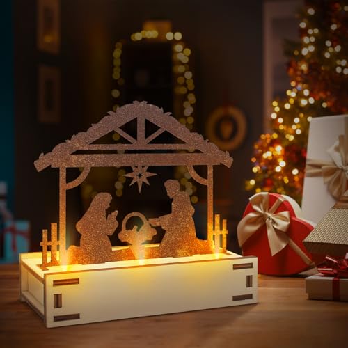 APODESS 2SET Weihnachtskrippe Beleuchtet LED Krippe Modern Weihnachten Rost Metall Lichthaus Kinderkrippe Edelrost Weihnachtsgrippe Mit Lichtketter Krippendeko Metallkrippe Geschenke Für Manner Frauen von APODESS