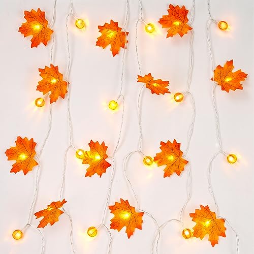 APODESS 4.5m/14.7Ft Ahornblatt Lichterkette Herbstdeko Lichterkette Batterie 30 LED Halloween Deko Licht Kürbis Lichter Blätter Girlande für Erntedankfest Garten Fenster Außen Innen von APODESS