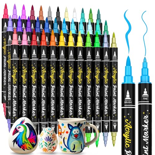 APOGO Acrylstifte für Steine Wasserfest, 36 Farben Dual Tip Acrylfarben Set(Feine Spitze & Pinselspitze), Multimarker Acrylic Marker Stifte für Tassen, Steine Bemalen, Keramik von APOGO