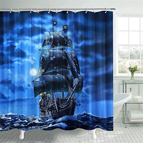 APOH Pirates of The Caribbean Duschvorhang Kinder Badvorhang Polyester Textil-Vorhang fur Badezimmer/Badewannen mit 12 Duschvorhängeringen (180x180cm, Pirat6) von APOH