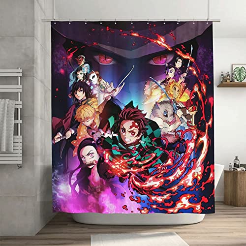 Demon Slayer Duschvorhang Anime Kinder Textil-Vorhang Polyester Badvorhang mit 12 Duschvorhängeringen Kamado Tanjirou Fanartikel (180x180cm, Demon4) von APOH