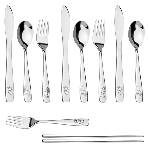 10 Stück Tiere Kinderbesteck Set Kinderbesteck Edelstahl Kinder Besteck Dinosaurier Baby Besteck mit Niedlichem Motiv 3 X Gabel 3 X Löffel 3 X Messer 1 Paar Essstäbchen für Haus Restaurant Schule von APOMOONS