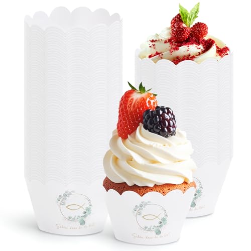 100 Stück Muffinförmchen Papier Schön, Dass Du Da Bist Cupcake Wrappers Muffin backförmchen mit Eukalyptuskranz Party Dekoration für Kommunion Hochzeit Babyshower Geburtstag Jubiläum Taufe von APOMOONS