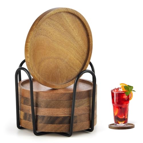 6er Set Untersetzer Holz Rund für Gläser,Untersetzer aus Akazienholz mit Halter Glasuntersetzer für Getränke, Bar, Tassen, Glas 10cm von APOMOONS