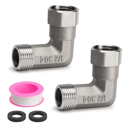 APOMOONS 2 PCS 1/2 Zoll Rohr mit Gewinde, Beweglich Verschraubung mit Wasserdichtes Rohklebeband, 304 Edelstahl Winkel 90 Grad, DN15 Winkel 1/2 AG X 1/2 Zoll IG Verschraubung für Warmwasserbereiter von APOMOONS