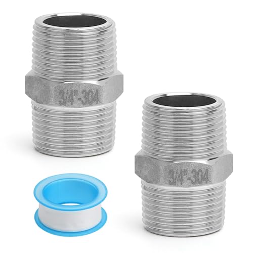 APOMOONS 2 Stück Doppelnippel 3/4 Zoll aus Edelstahl 304 Außengewinde Sechskantverbinder Zubehör mit Rohmaterialband Fitting für Trinkwassersysteme Heimwerkerprojekte Verlängerung Rohrverbindungsumbau von APOMOONS