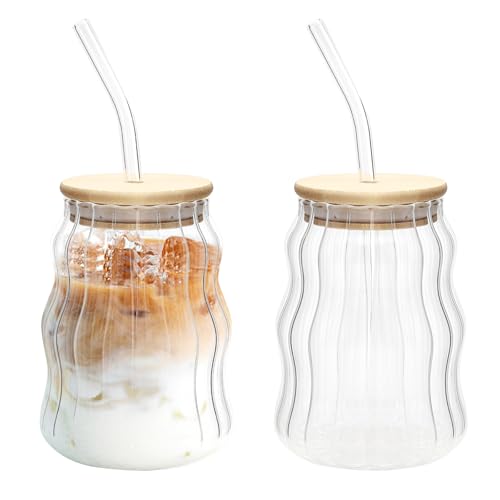 APOMOONS 2er Set Gerippte Trinkgläser mit Glasstrohhalmen Glasstrohhalme Eiskaffee Gläser Bubble Gläser Trinkgläser mit Deckel und Strohhalm für Eiskaffee Wasser Cocktail usw von APOMOONS