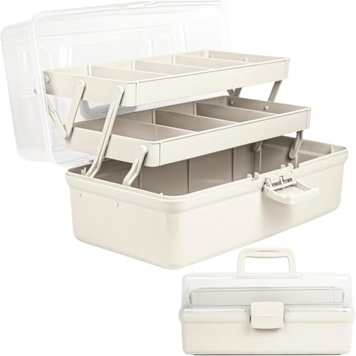 APOMOONS 3-Regal Mehrzweck-Aufbewahrungsbox, Sortierbox Tragbare Nähkasten Angelkoffer Bastelkoffer Organizer Box Bastelbox Toolbox Medizinkoffer mit Griff für Zuhause Schule Büro Weiß 26.5*15.5*13cm von APOMOONS