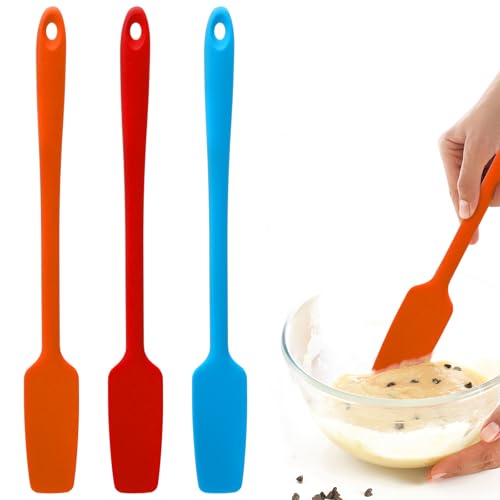 APOMOONS 3 Stück Teigschaber Silikon Spatel Teigschaber Schmal Silicone Spatula Lange Griff Silikonspachtel Küche Silikonlöffel Teigspachtel Klein für Kochen Backen Rühren (Rot Orange Blau) von APOMOONS