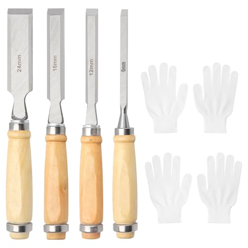 APOMOONS 4 Stück Stechbeitel Set für Holz 6, 12, 18, 24mm Scharfes Stecheisen Holzmeißel Set für DIY Holzbearbeitung Holzschnitzerei mit Holzgriffe Schlagkappe 2 Paar Handschuhe und Tragetasche von APOMOONS