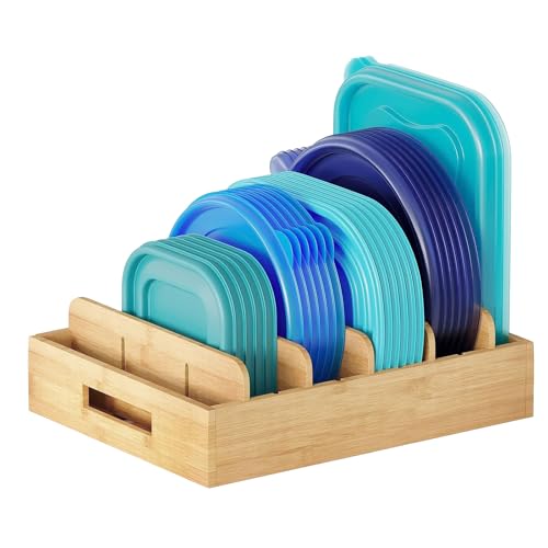 APOMOONS Bambus Topfdeckel Aufbewahrung, Deckel Organizer Küche Topfdeckelhalter Schublade, Tellerständer Holz Küchen Organizer mit 5 Verstellbaren Trennwände Griffen, Pfannen Organizer Schublade von APOMOONS