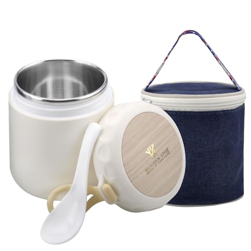 APOMOONS Thermobehälter für Essen, 400ml Edelstahl Warmhaltebehälter Essen mit Löffel und Kühltasche,Thermobehälter, Lunchbox Thermo für Essen, Mittagessen Halten Sie Speisen Warm und Kalt(Weiß) von APOMOONS