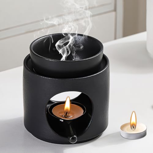 Duftlampe Ambiente Teelicht Aromalampe aus Keramik Stövchen für ätherische Öle, Duftöl und Duftwachs Teelichthalter Duftlicht(Hochwertige Schwarz) von APOMOONS