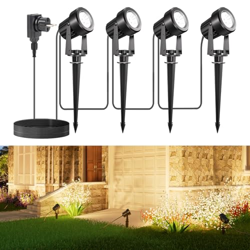 APONUO LED Gartenbeleuchtung, Außenleuchten Netzbetriebene 17m 12V Niederspannungs-Pfad Strahler mit Adapter IP67 Wasserdicht für Garten Hof Terrasse Bäume Rasen(Warmweiß, 4er Pack) von APONUO