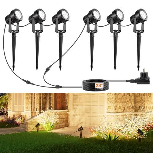 APONUO LED Gartenbeleuchtung, Außenleuchten Netzbetriebene 23m 27V Niederspannungs-Pfad Strahler mit Adapter IP67 Wasserdicht für Garten Hof Terrasse Bäume Rasen(Warmweiß, 6er Pack) von APONUO