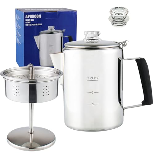 APOXCON Mehrzweck-Kaffeemaschine mit hitzebeständigem Glasknopf und Antiflaming Silikagriff, Edelstahl-Kaffeemaschine für jeden Herd, Induktionsherd, 9 Tassen von APOXCON