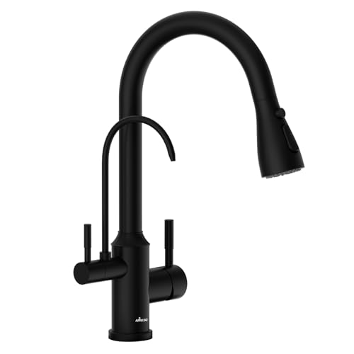 APPASO 3 Wege Wasserhahn Küche Schwarz ohne Wasserfilter, 3 in 1 Mischbatterie Küche für Wasserfilter，2 hebel 360° Drehba Armatur Küche, Trinkwasserhahn mit Ausziehbarer Handbrause von APPASO
