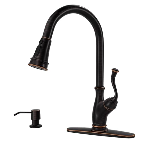 APPASO Ölgeriebene Bronze Küchenarmatur mit Seifenspender, Edelstahl Küchenarmatur mit Pull Down Sprayer 3-Funktion Hoher Bogen Einhandgriff Bronze Küchenspüle Wasserhahn von APPASO