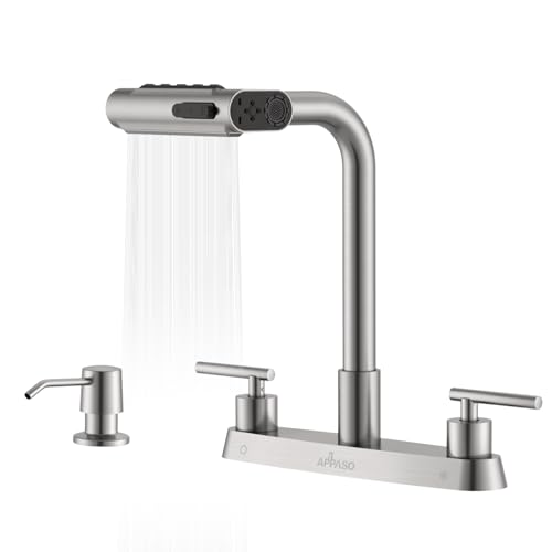 APPASO Wasserfall 4-Loch-Küchenarmatur, 5 Modi, Zwei-Griff-Küchenarmaturen mit Seifenspender, moderne multifunktionale Küchenspüle-Armaturen mit Sprüher, 3-Loch-Spültischarmaturen mit separatem Griff APPASO Wasserfall 4-Loch-Küchenarmatur, 5 Modi, Zwei-Griff-Küchenarmaturen mit Seifenspender, moderne multifunktionale Küchenspüle-Armaturen mit Sprüher, 3-Loch-Spültischarmaturen mit separatem Griff von APPASO