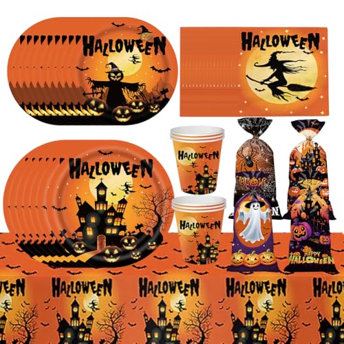 Halloween Partyset Für 10 Personen Gruseliges Geschirrset Mit Banner Tischdecke Tellern Bechern Servietten Und Geschenktüte Deko Für Halloween Und Geburtstagsfeiern von APPCRFM