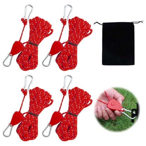APPCXOKL 4er-Pack Seilspanner Abspannseile - 13ft Rotes Outdoor-Seilset Zeltabspannleinen, Perfekt für Camping und Outdoor-Abenteuer von APPCXOKL