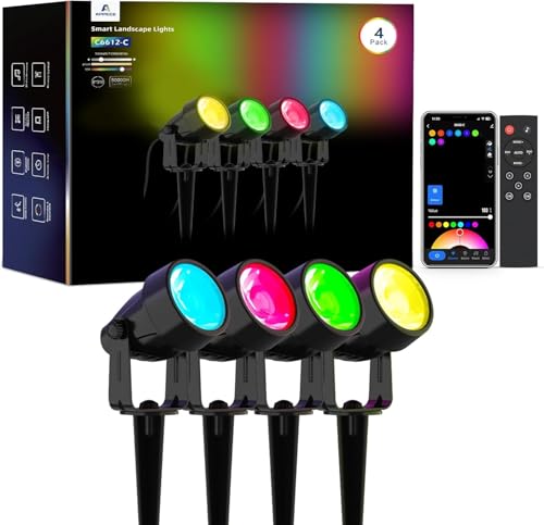 APPECK Gartenstrahler, WiFi Smart Gartenbeleuchtung mit Strom, RGBW Farbe ändernde intelligente Außen Wasserdicht Gartenlampe, mit Alexa, Google Assistant, für Patio, Garten, Einfahrt, Gehweg, 4 Stück von APPECK