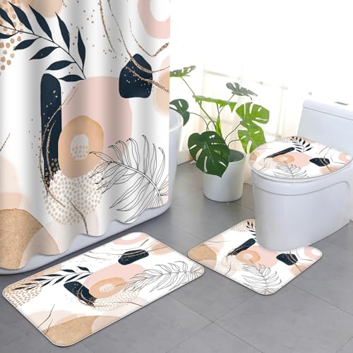 APROPHIC 4 Teiliges Boho Duschvorhang Set Retro Kunst Badezimmer Set mit Duschvorhang und Teppich, Toilettendeckelmatte und U-Förmigem Pad Waschbar with 12 Haken von APROPHIC