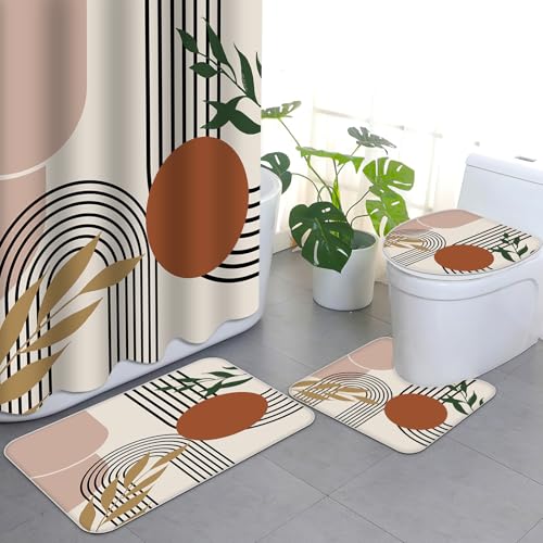 APROPHIC 4 Teiliges Boho Mittelalter Duschvorhang Set Abstrakte Moderne Badezimmer Set mit Duschvorhang und Teppich, Toilettendeckelmatte und U-Förmigem Pad Waschbar with 12 Haken von APROPHIC