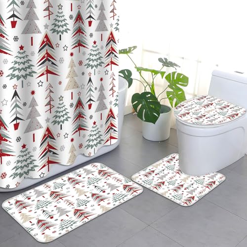 APROPHIC 4-Teiliges Weihnachtsduschvorhang-Set Weihnachtsbaum-Duschvorhang-Set Weihnachtsbadezimmer-Set mit Duschvorhang und Teppich, Toilettendeckel und U-förmiger Matte, Waschbar 72x72 Zoll von APROPHIC