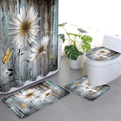APROPHIC 4 Teiliges White Gänseblümchen Duschvorhang Set Retro Holzbrett Badezimmer Set mit Duschvorhang und Teppich, Toilettendeckelmatte und U-Förmigem Pad Waschbar with 12 Haken APROPHIC 4 Teiliges White Gänseblümchen Duschvorhang Set Retro Holzbrett Badezimmer Set mit Duschvorhang und Teppich, Toilettendeckelmatte und U-Förmigem Pad Waschbar with 12 Haken von APROPHIC