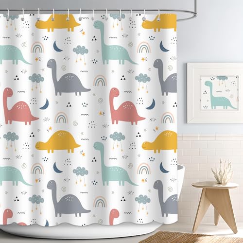 APROPHIC Dinosaurier Duschvorhang, Kinder Lustige Dinosaurier Duschvorhänge, Cartoon Regenbogen, Wolken Badezimmer Vorhänge, Jungen & Mädchen Badezimmer Dekor mit 12 Haken，180 x 180cm von APROPHIC