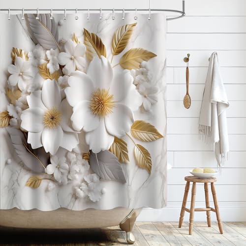 APROPHIC Duschvorhang, Duschvorhänge Gold Blätter 180x180, Kunst Weiß Blumen Waschbar Bad Vorhang Wasserdicht Polyester Textil Badewanne Vorhang mit 12 Hake von APROPHIC
