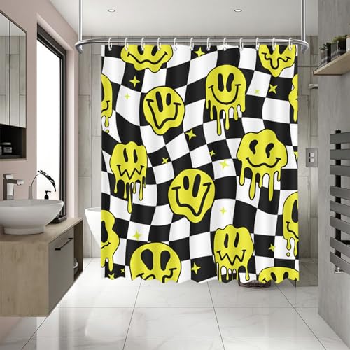 APROPHIC Duschvorhang，Schwarz Weißer Duschvorhänge Kunst，Lustig Gelbes Lächeln Badezimmerdekoration，Waschbarer Polyerter Stoff Badewannenvorhang mit 12 Haken，180 x 180cm von APROPHIC