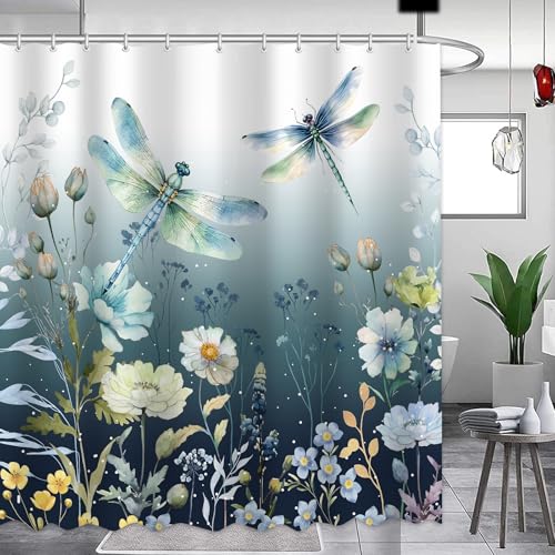 APROPHIC Duschvorhang Blau Duschvorhänge Tiere 180x180 Duschvorhang Wasserdicht Dragonfly Waschbar Blumen Bad Vorhang, Duschvorhang Stoff Badezimmer Zubehör mit 12 Haken von APROPHIC