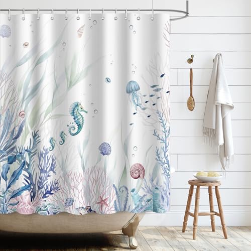 APROPHIC Duschvorhang Blauer Ozean, Duschvorhang Sommer Nautische, Algen Qualle Seepferdchen Muschel Fisch Bad Vorhang Marine Natur Tiere Badezimmer Dekoration 180 x 180cm mit 12 Haken von APROPHIC