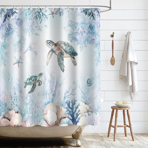 APROPHIC Duschvorhang Blue Sommer Ozean 180 x 180cm, Duschrollo Sea Tiere, Schildkröte Coral Star Conch Duschvorhang Set, Polyester wasserdichte Badezimmer Dekoration mit 12 Haken von APROPHIC