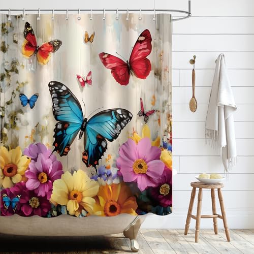 APROPHIC Duschvorhang Duschvorhang 180x180 Duschrollo für Badewanne Duschvorhang Bunt Duschvorhang Textil Schmetterling Duschvorhang Duschvorhänge mit 12 Duschvorhangringe von APROPHIC