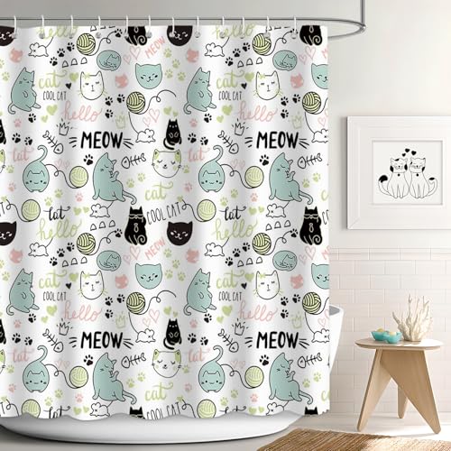 APROPHIC Duschvorhang Katze 180x180 cm, Duschvorhänge Katze und Maus, Lustige Tier Badezimmer Vorhänge, Waschbare Langlebige Stoff Badezimmer Dekoration mit 12 Haken von APROPHIC