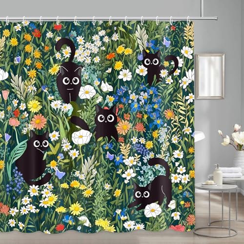 APROPHIC Duschvorhang Katze Duschvorhang Black Katzen 180x180cm, Duschvorhänge Sommer Blumen Badewanne Duschvorhänge Lustig, Wasserdicht Textil mit 12 Haken von APROPHIC