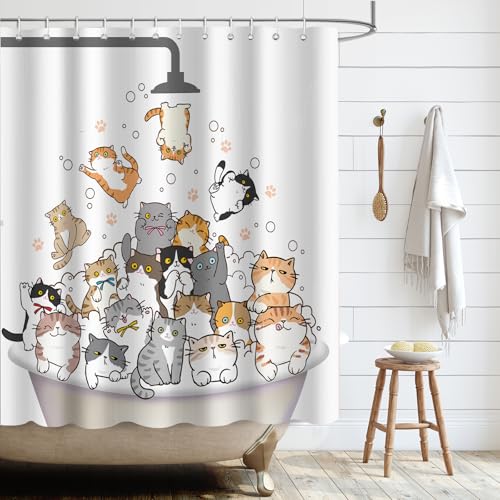 APROPHIC Duschvorhang Lustige 180x180 Duschvorhänge Katze Für Kinder Cartoon Duschvorhang Bunt Bad Vorhang Duschvorhang Textil Waschbar mit 12 Haken von APROPHIC