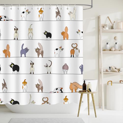 APROPHIC Duschvorhang Lustige Katze 180x180 Duschvorhänge Kinder Cartoon Tiere Wasserdichter Polyester Stoff Badewanne Vorhang Waschbare Badezimmerdekoration mit 12 Haken von APROPHIC