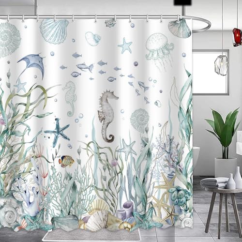APROPHIC Duschvorhang Ozean 180 x 180 cm Blauer Seepferdchen Coral Pflanzen Strand Duschvorhänge Wasserdicht Polyester Stoff Waschbar Bad Vorhäng für Badzimmer mit 12 Haken von APROPHIC