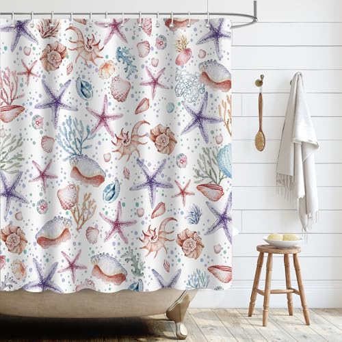 APROPHIC Duschvorhang Ozean 180 x 180cm, Seestern Muschel Coral Beach Duschvorhang Sommer Ocean Duschvorhänge, Bad Vorhang mit 12 Haken von APROPHIC