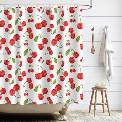 APROPHIC Duschvorhang Red Kirschen 180 x 180cm, Duschvorhang Rot Kirsche, Sommer Rote Frucht Badezimmer Vorhänge, Polyester Wasserdichtes Bad Vorhang mit 12 Haken von APROPHIC