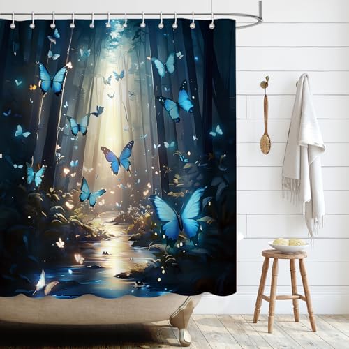 APROPHIC Duschvorhang Schmetterling Duschvorhang 180x180 Duschrollo für Badewanne Badevorhang Textil Duschvorhänge Blau Duschvorhang Wasserdicht mit 12 Duschvorhangringe von APROPHIC