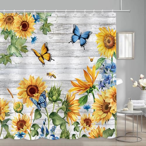 APROPHIC Duschvorhang Sonnenblumen 180x180, Schmetterling Holzplatte Duschvorhänge für Badezimmer, Pflanzen Badewanne, Wasserdicht Duschvorhang Textil mit 12 Haken, Maschinenwaschbar APROPHIC Duschvorhang Sonnenblumen 180x180, Schmetterling Holzplatte Duschvorhänge für Badezimmer, Pflanzen Badewanne, Wasserdicht Duschvorhang Textil mit 12 Haken, Maschinenwaschbar von APROPHIC