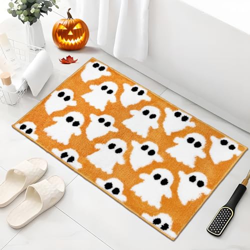 APROPHIC Halloween-Geister-Badematten, orangefarbene niedliche Geister-Badezimmerdekoration, rutschfeste Mikrofaser-Badteppiche, Halloween-Urlaubs-Badezimmerdekor-Teppich für Dusche, Badewanne APROPHIC Halloween-Geister-Badematten, orangefarbene niedliche Geister-Badezimmerdekoration, rutschfeste Mikrofaser-Badteppiche, Halloween-Urlaubs-Badezimmerdekor-Teppich für Dusche, Badewanne von APROPHIC